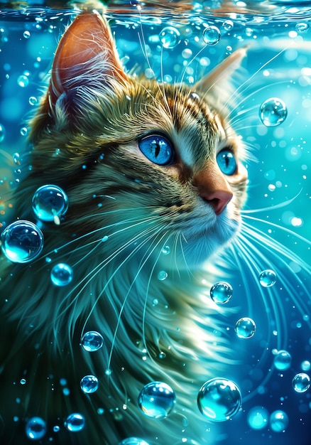 A closeup of a cat with striking blue eyes surrounded by numerous bubbles that create a dreamy underwater effect