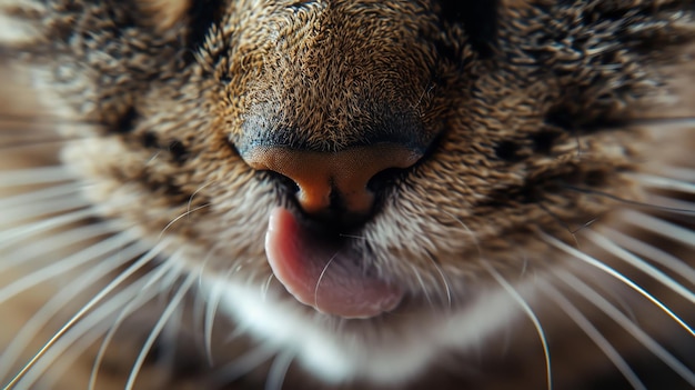 Closeup of a cats nose and mouth tongue sticking out