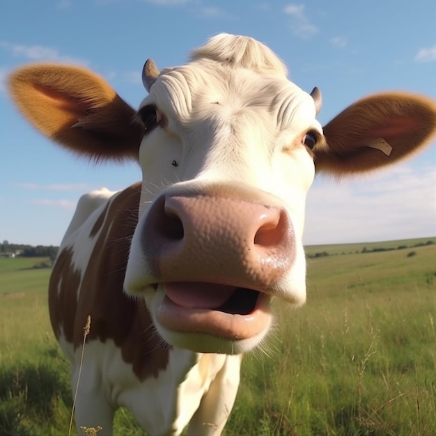 Closeup cattle smile animal cow pasture rural field portrait head Generative AI