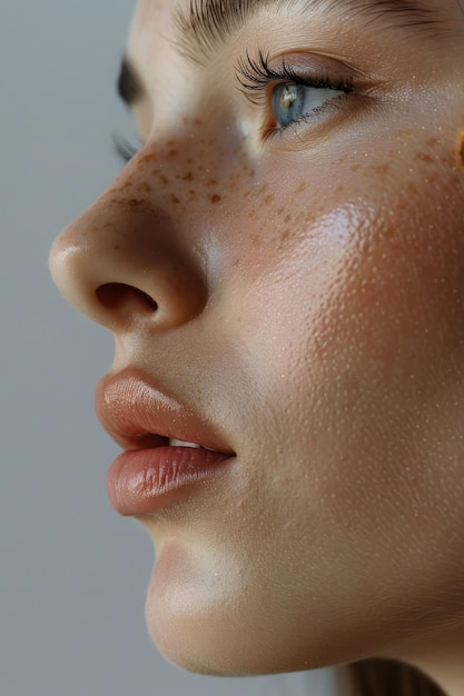 closeup of caucasian woman face with freckles cropped image vertical