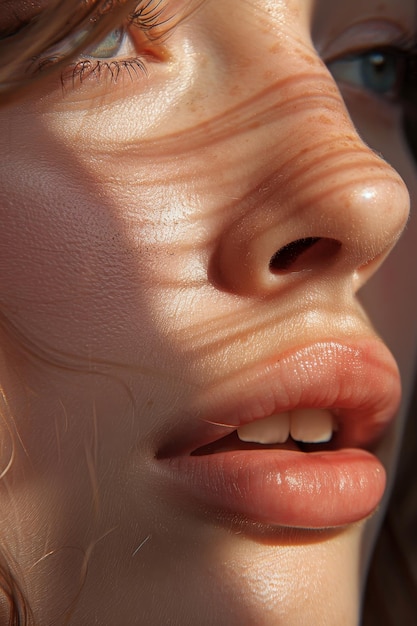 closeup of caucasian woman face with freckles in sunlight cropped image