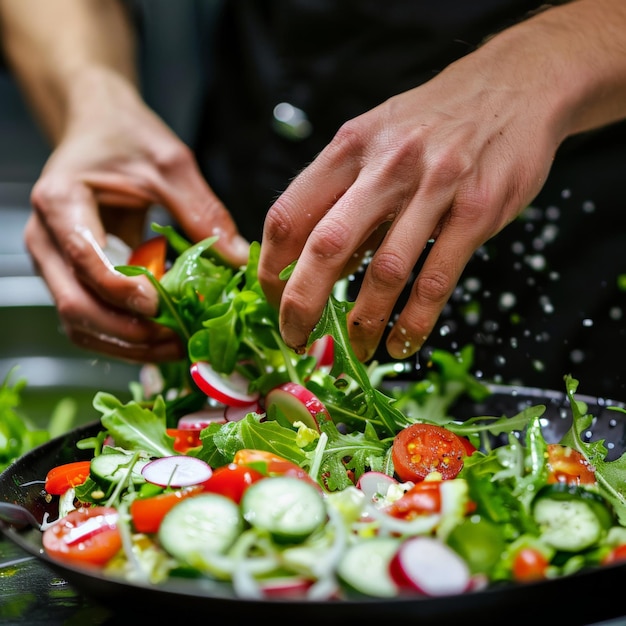 A closeup of a celebrity chef39s hands as they toss a salad Job ID c302d3cbd26c4deeb1a1790253f9ec53