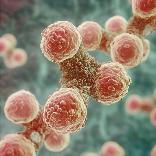 A closeup of a cell undergoing mitosis with chromosomes aligning and separating into new cells