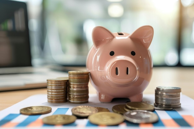 Closeup of a ceramic piggy bank with a collection of stacked coins symbolizing savings investment and financial planning