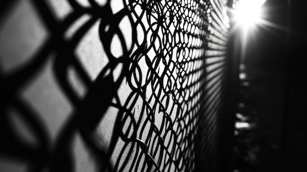 Photo a closeup of a chainlink fence casting intricate shadows in black and white