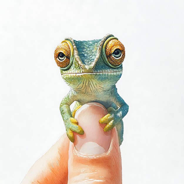 Photo closeup of a chameleon holding onto a finger