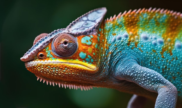 Closeup of chameleon reveals colorful changing skin Creating using generative AI tools