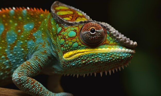 Closeup of chameleon reveals colorful changing skin Creating using generative AI tools