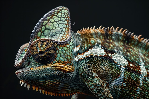 Closeup of Chameleons Head and Neck on Black Background Detailed Vibrant Reptile Skin Texture Wildlife Concept