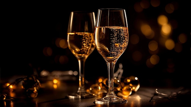 Closeup champagne or wine glass in night club restaurant and party for celebration new year