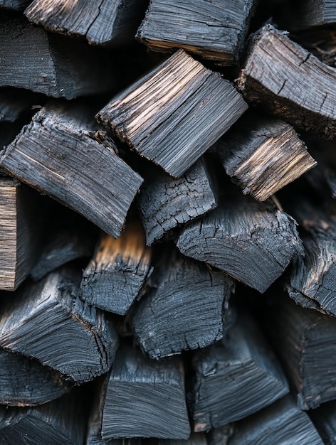 Photo closeup of charcoal wood stacks for barbecue and grilling