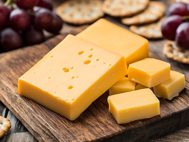 Photo closeup of cheddar cheese on a wooden cutting board with crackers and grapes