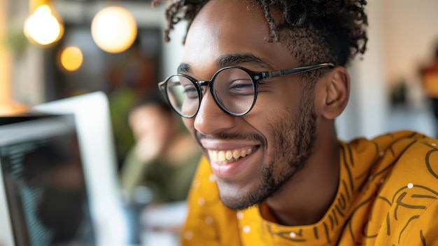 Closeup of a cheerful businessman wearing glasses and smiling warmly in an office setting