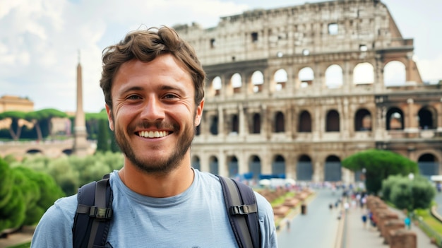 Closeup of a cheerful male tourist smiling in front of the Colosseum in Rome