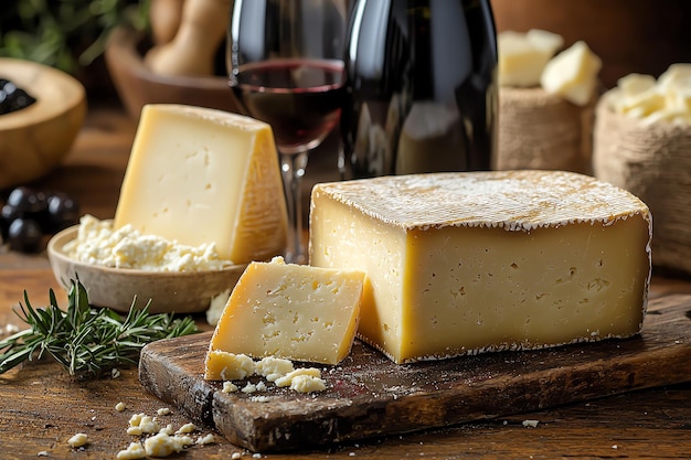 Closeup of Cheese and Wine Pairing on Rustic Table