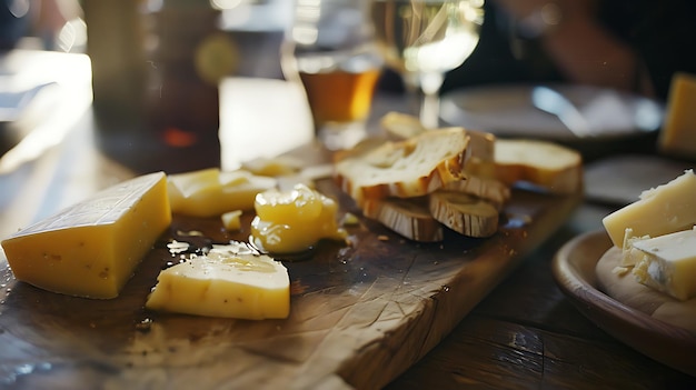 Photo closeup of a cheeseboard with various cheeses bread and honey