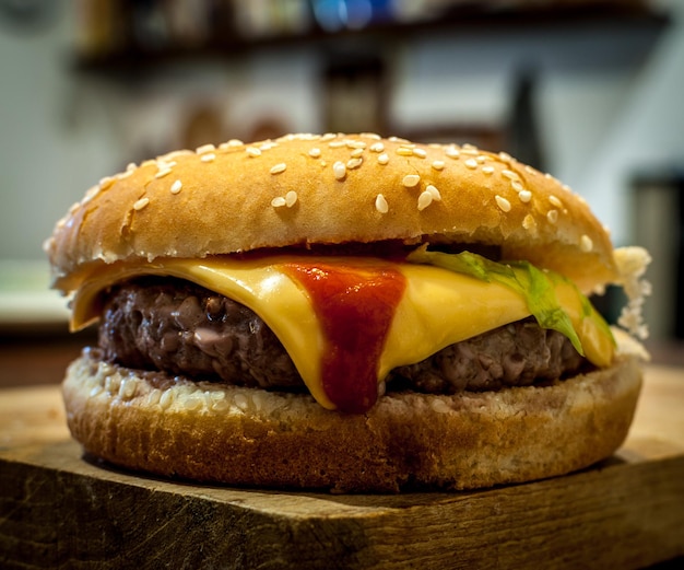 Closeup of cheeseburgers on wooden chopping board