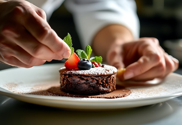 Photo closeup of chef hands decorating brownies