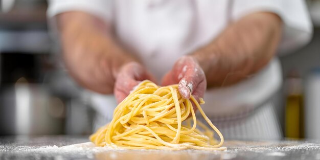 Photo closeup of chef making italian spaghetti from scratch in a kitchen concept italian cooking homemade pasta chef in action kitchen preparation culinary art