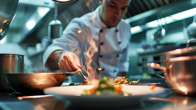 Closeup of a chef preparing a gourmet meal at a glance