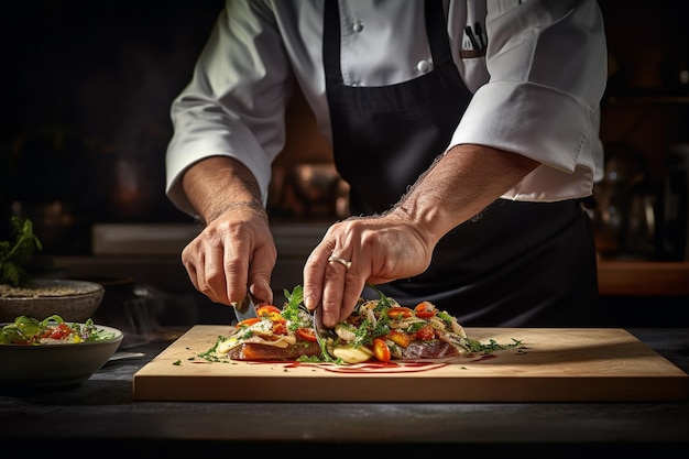 Closeup of a chef's hand making dishes in plate