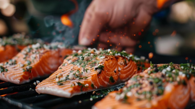 A closeup of a chef seasoning salmon fillets with a blend of herbs and spices before grilling them to perfection on a barbecue