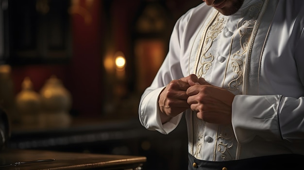 A closeup of a chef tying the traditional doublebreasted jacket