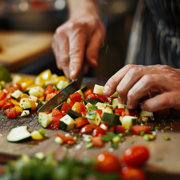 A closeup of a chef39s hands chopping vegetables Job ID 4c3cf141ab8d496985a5a4243bf8a2d1