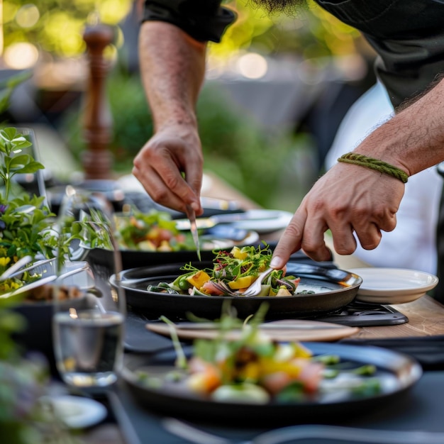 Closeup of a chef39s hands plating a dish at an outdoor dining table focusing on the final presentation Job ID 8ca3860fac6b4d1b9dd46d6a43795dfe