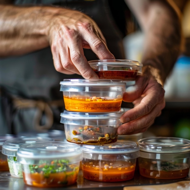 Closeup of a chef39s hands stacking nesting food storage containers Job ID 03a21a393ba245a394c4304503061e31