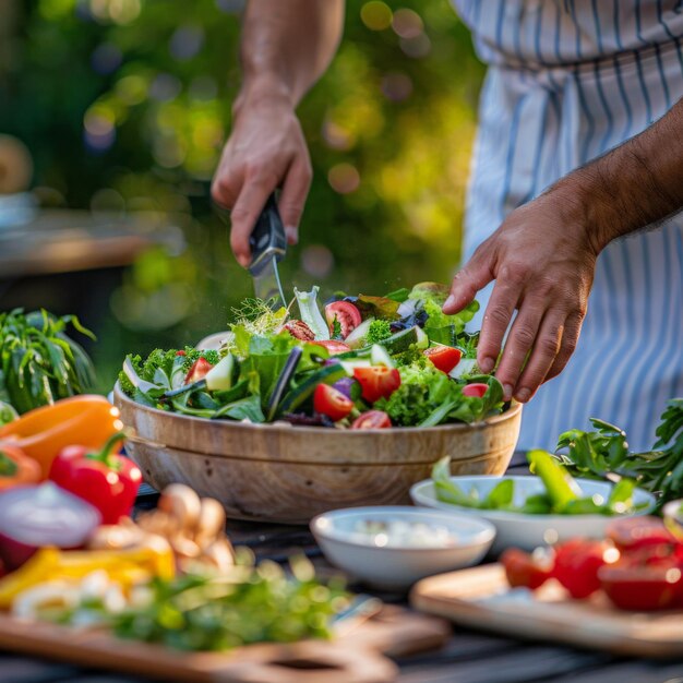 Closeup of a chef39s hands tossing a salad at an outdoor dining table highlighting fresh ingredients Job ID 9d0a58e5dc30444387cc5fc0562f9eb1