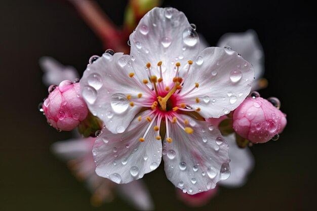 Closeup of cherry blossom bloom with dew drops glistening on the petals created with generative ai