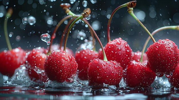 Closeup of a cherry juice hitting the water and generating an explosion of splashes and liquid