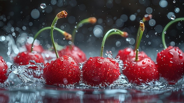 Closeup of a cherry juice hitting the water and generating an explosion of splashes and liquid