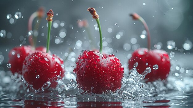 Closeup of a cherry juice hitting the water and generating an explosion of splashes and liquid