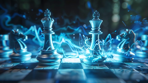 A closeup of a chessboard with the kings facing each other The pieces are made of metal and are glowing with blue light