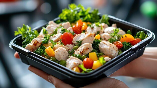 Closeup of chicken salad in black box held by sporty woman in gym healthy food concept