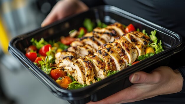 Closeup of chicken salad in black box held by sporty woman in gym healthy food concept