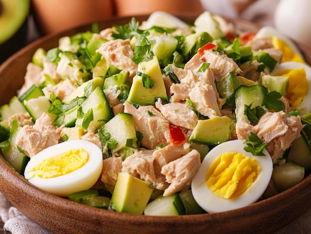 Photo closeup of a chicken salad with avocado cucumber and hardboiled eggs