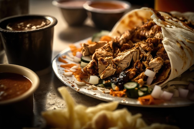 Closeup of chicken shawarma with spices and sauces visible created with generative ai