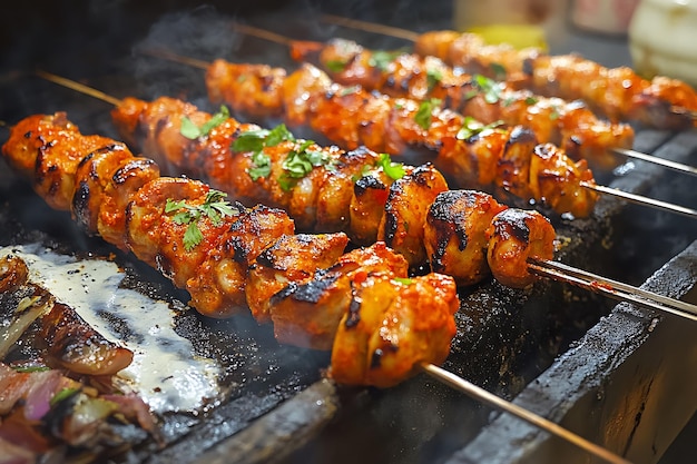 Closeup of Chicken Skewers Grilling with Smoke and Parsley