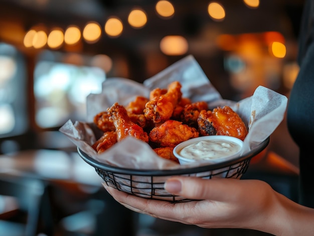 Photo closeup of chicken wings in a basket