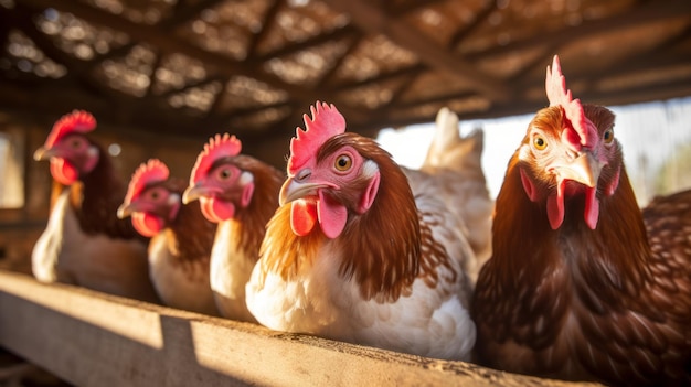 Closeup of chickens laying eggs in a chicken coop on a farm at sunset Poultry farming in rural areas