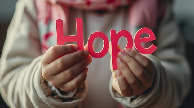 Photo closeup of a child cancer survivors hands holding a hope sign spreading positivity and encourag