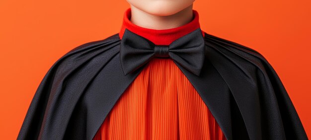 Photo closeup of child in halloween costume with black cape and bow tie against orange background