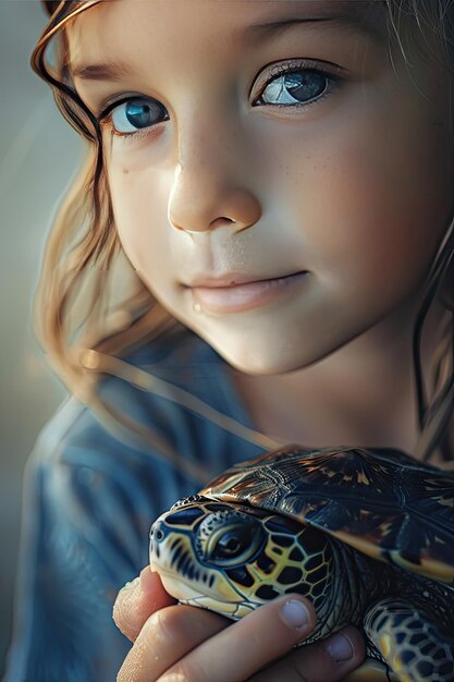 closeup of a child holding a turtle Selective focus