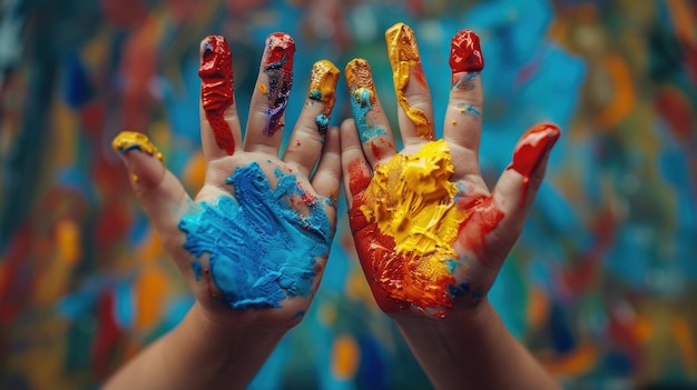 Photo closeup of child painter39s hand smeared with watercolor paint in art school studio while learning about art and creativity with hand smeared with watercolor paint