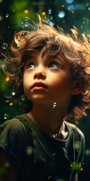 Closeup of a child's face with marvelous eyes dreaming and gazin