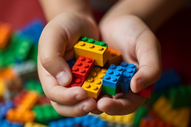 Closeup of a child's hand holding a colorful object Generative Ai