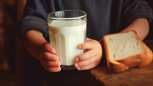 closeup of a child's hand holding a glass of milk and bread on the tableGenerative AI